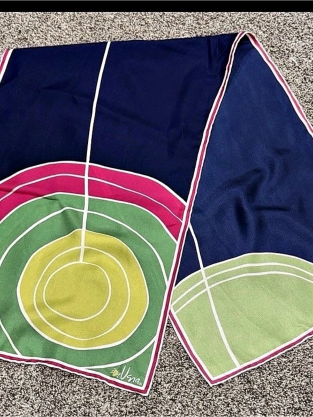 Vintage Vera Neumann Silk Signed Geometric Print Scarf Green Blue Pink